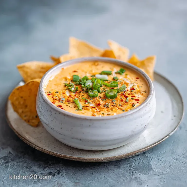 Elegant ceramic bowl of smooth, warm cheese dip surrounded by salty corn chips and fresh garnish on a wooden board.