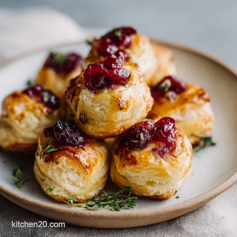 A cluster of flaky pastry pockets, oozing with creamy brie and glistening cranberries, artfully arranged.