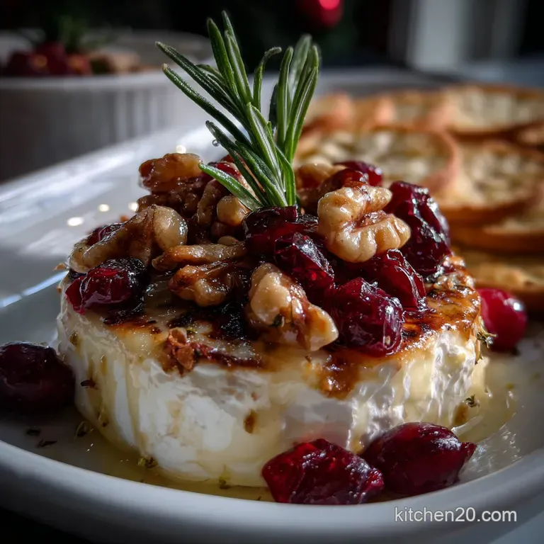 Elegant plate featuring a golden-brown pastry topped with melted brie and glistening cranberry compote, garnished with fre...