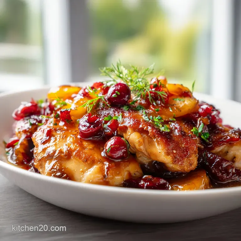 A juicy, glazed chicken breast slice, revealing its tender texture. Garnished with bright cranberries and fresh orange zes...