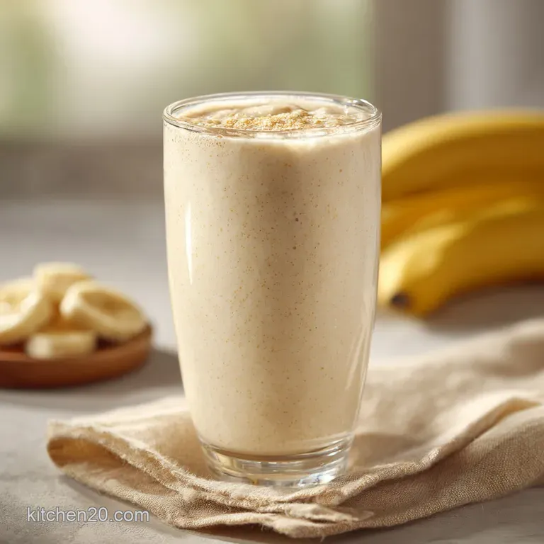 A tall glass of creamy banana smoothie, topped with a sprinkle of cinnamon and a fresh banana slice.
