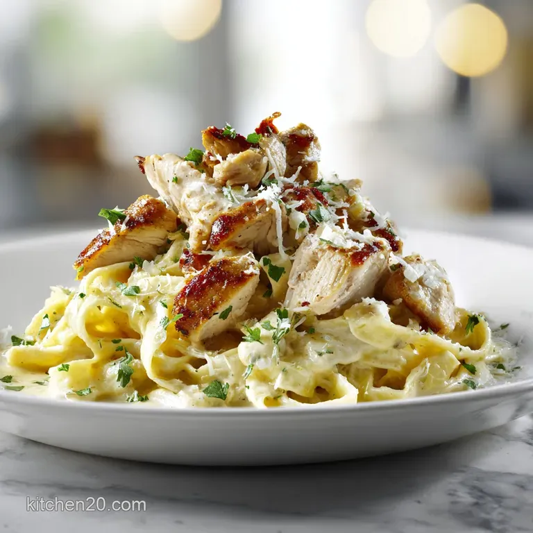 Elegant plate of creamy pasta featuring sliced chicken, bright parsley, and a dusting of parmesan cheese.