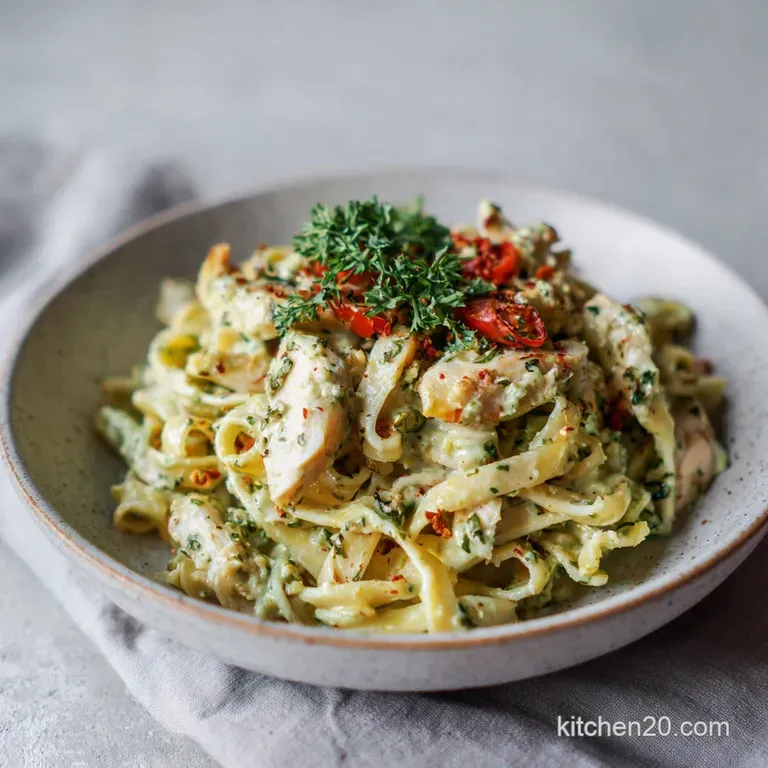 A perfectly portioned plate showcases bright pesto pasta, adorned with toasted pine nuts and a parmesan dusting.