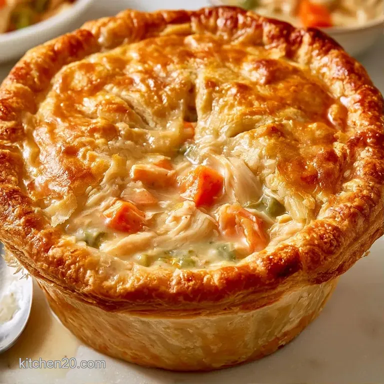 A shallow white bowl filled with chunks of chicken, orange carrots, and green peas in a glossy, thick cream sauce.