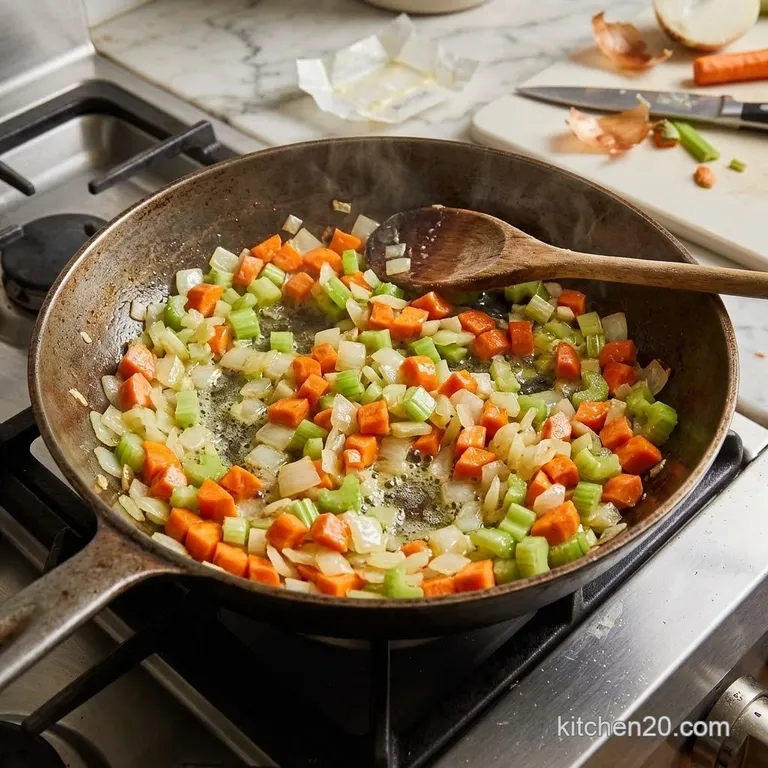 Sautéed diced onions, carrots, and celery in a skillet