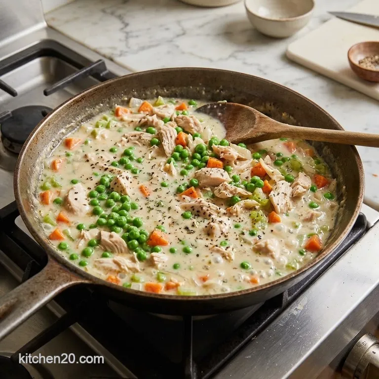 Creamy chicken and pea filling in a skillet