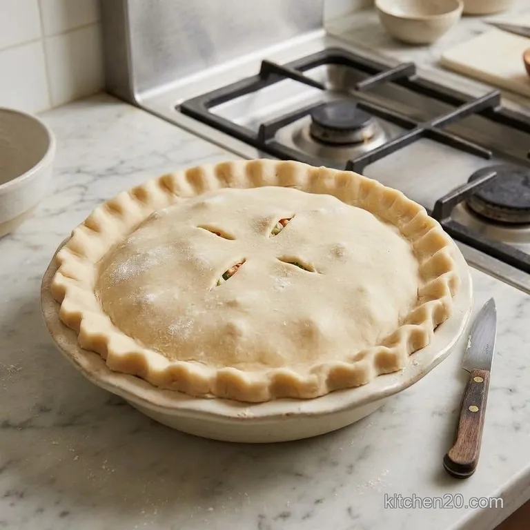 Unbaked chicken pot pie with a sealed top crust and steam vents
