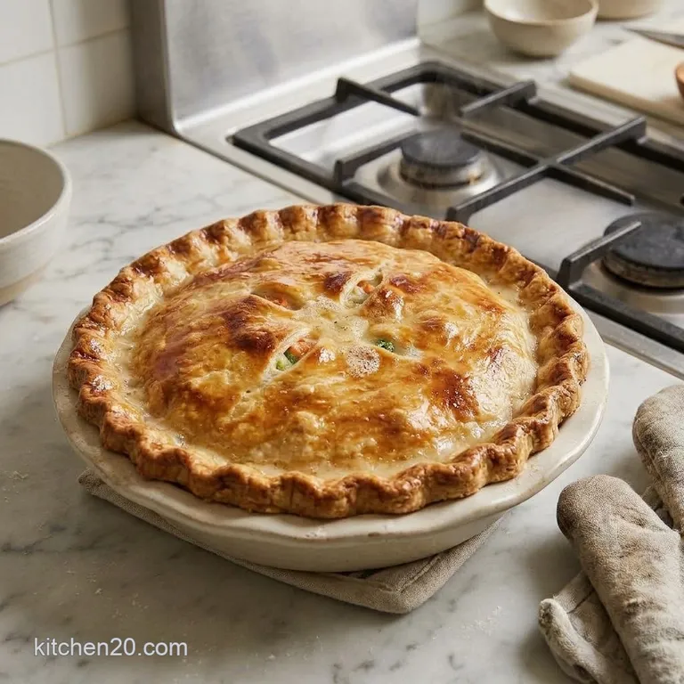 Golden brown baked chicken pot pie in a pie dish
