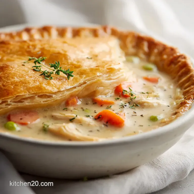 A steaming bowl of hearty chicken pot pie soup, topped with fresh herbs and golden pastry shards.