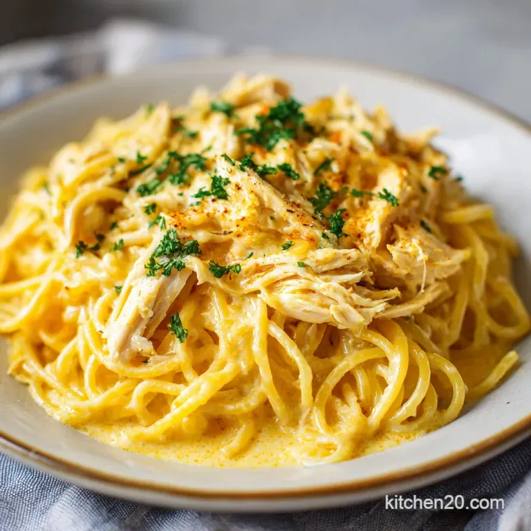 A forkful of creamy chicken spaghetti, showing tender chicken and silky noodles, artfully arranged on a plate.
