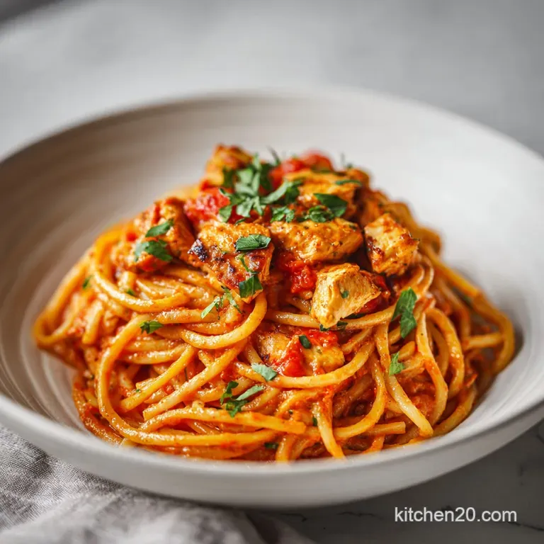 Elegant portion of chicken spaghetti, creamy sauce glistening, fresh herbs, rustic bowl hints at comforting, homemade flav...