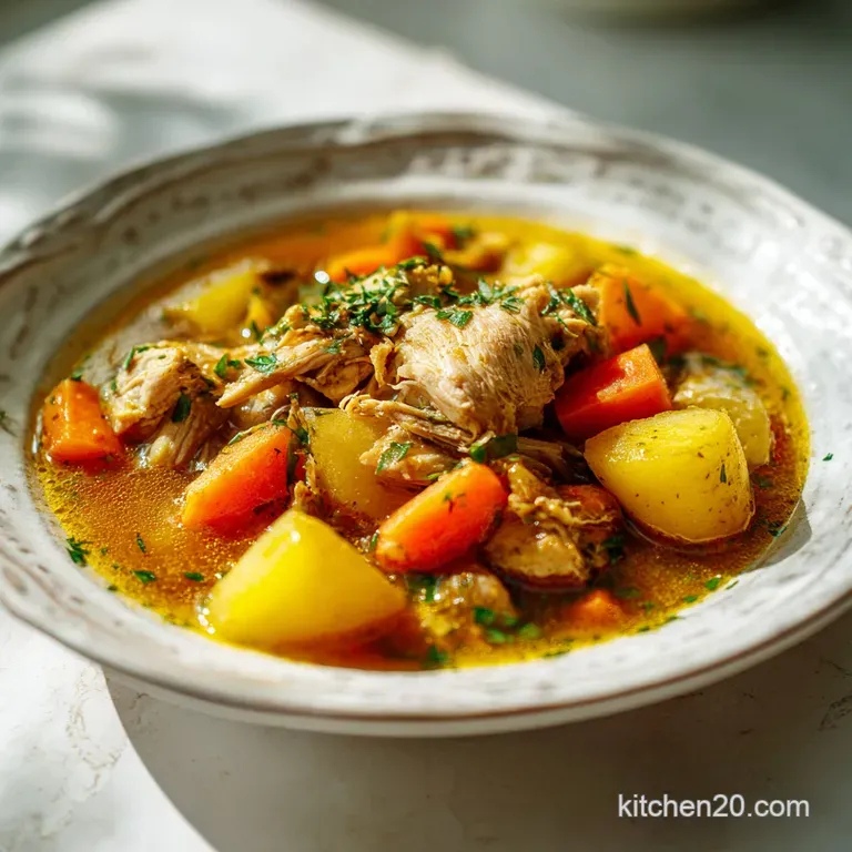 Elegant bowl of creamy chicken stew, bright parsley garnish, golden broth, and hearty pieces of chicken and colorful carrots.