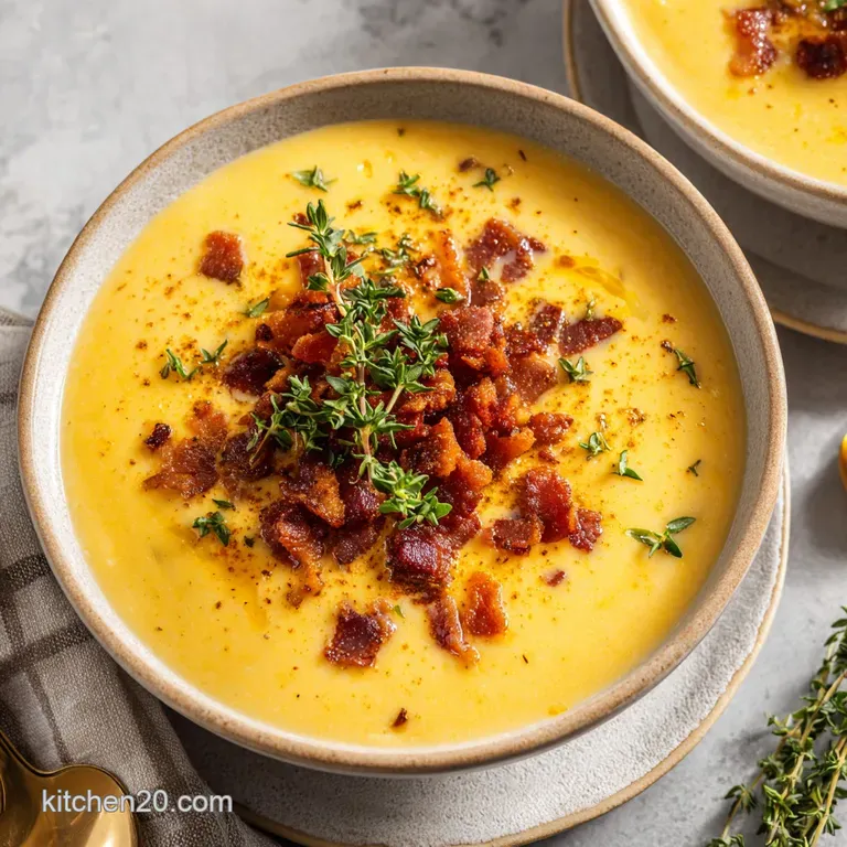 A white porcelain bowl filled with thick yellow soup, topped with smoked bacon and a sprig of fresh green parsley.