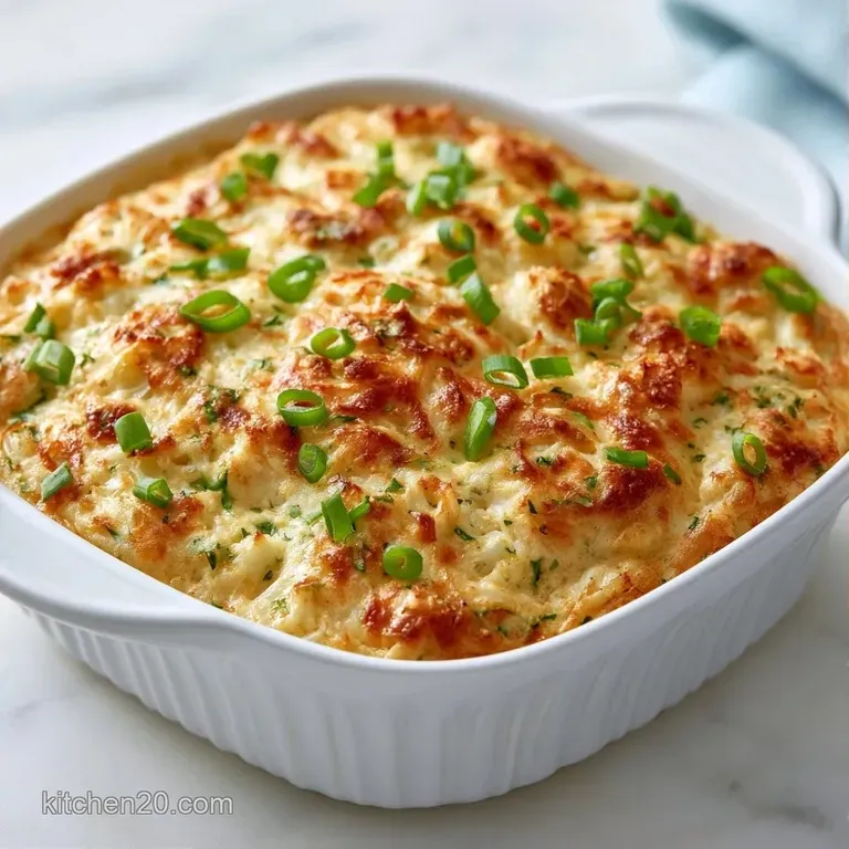 A creamy scoop of seafood casserole garnished with chopped parsley and a lemon wedge on a white ceramic plate.