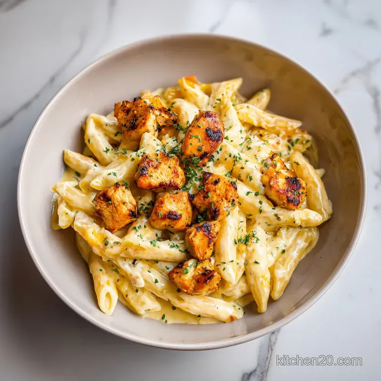 Elegant white plate with glistening penne pasta, tender chicken pieces, and a dusting of snowy parmesan cheese.