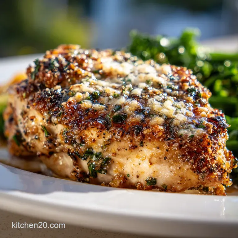 Chicken with a velvety garlic Parmesan sauce, artfully plated with fresh parsley. The sauce coats the chicken, smooth and ...