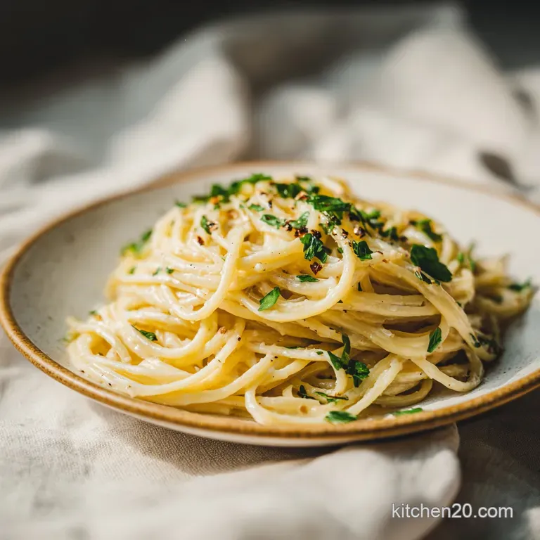 A twirl of glistening pasta topped with fresh parsley and grated parmesan cheese elegantly plated. Warm, comforting, and i...