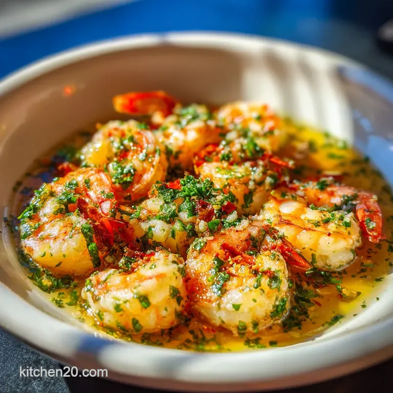 Elegant shrimp bowl featuring glistening shrimp, creamy garlic sauce and fluffy herb rice, artfully arranged in a white bowl.