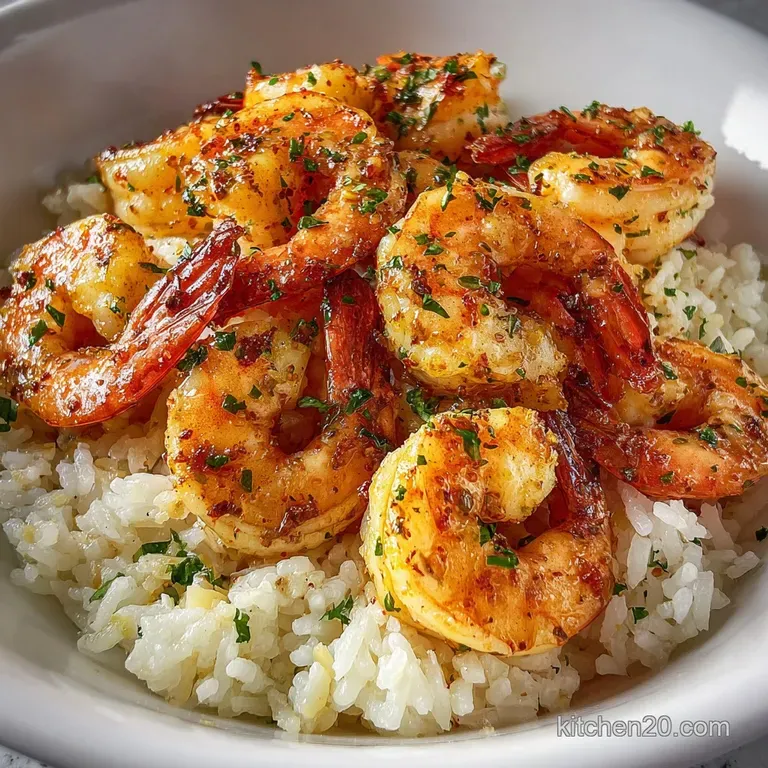 A swirl of creamy garlic shrimp served over rice, topped with fresh parsley and a vibrant squeeze of lemon.