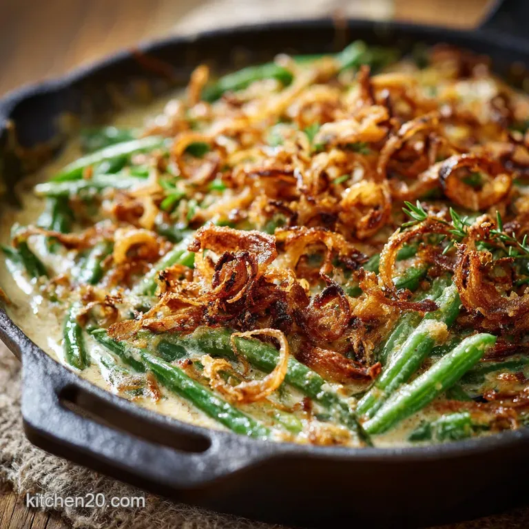 Creamy Green Bean Casserole: Scratch Recipe with Homemade Crispy Shallots presentation