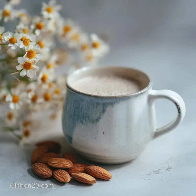 Elegant glass bottle of homemade almond milk, condensation clinging, beside scattered almonds and a delicate flower garnish.