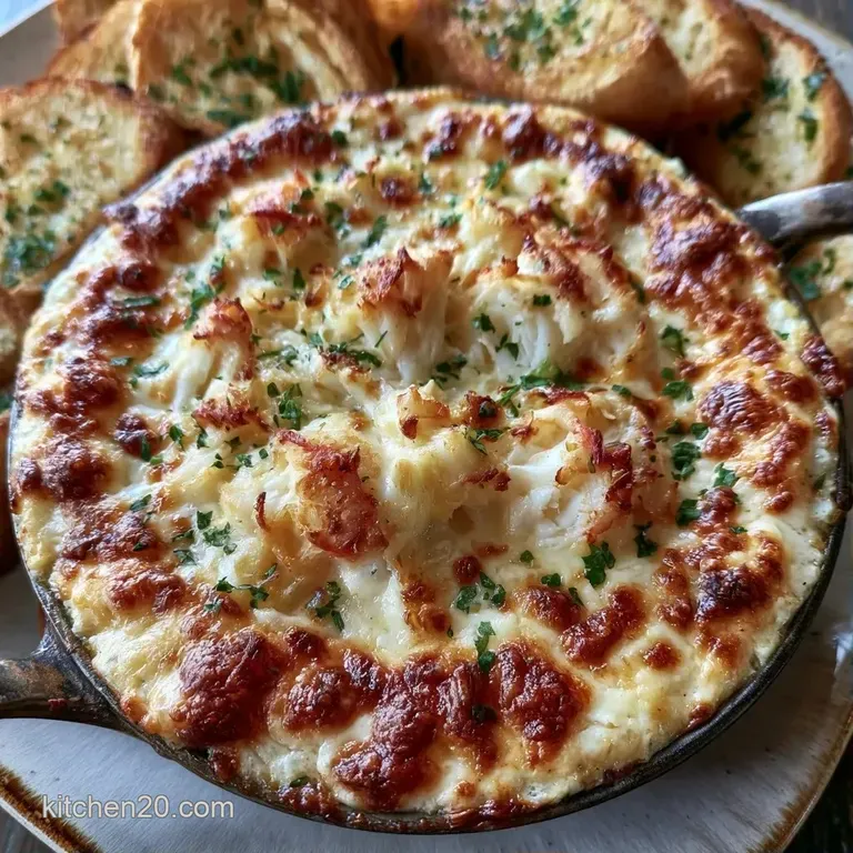 Golden bubbly cheese dip in a white ramekin served on a slate board with crisp toasted baguette slices.