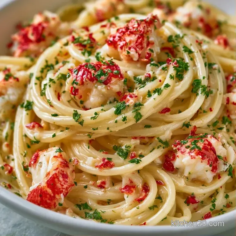 Elegant white bowl of velvety pasta with red crab pieces, garnished with fresh parsley on a marble surface.