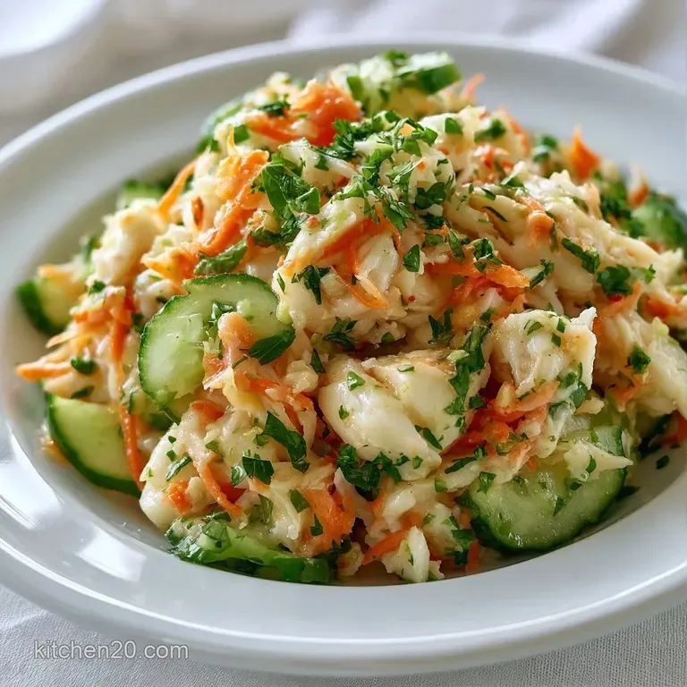A neat mound of creamy shredded seafood salad topped with orange roe in a white bowl with a side of fresh greens.