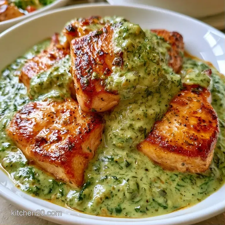Seared chicken breasts in a silky cream sauce on a white plate, paired with vibrant greens and red tomato accents.