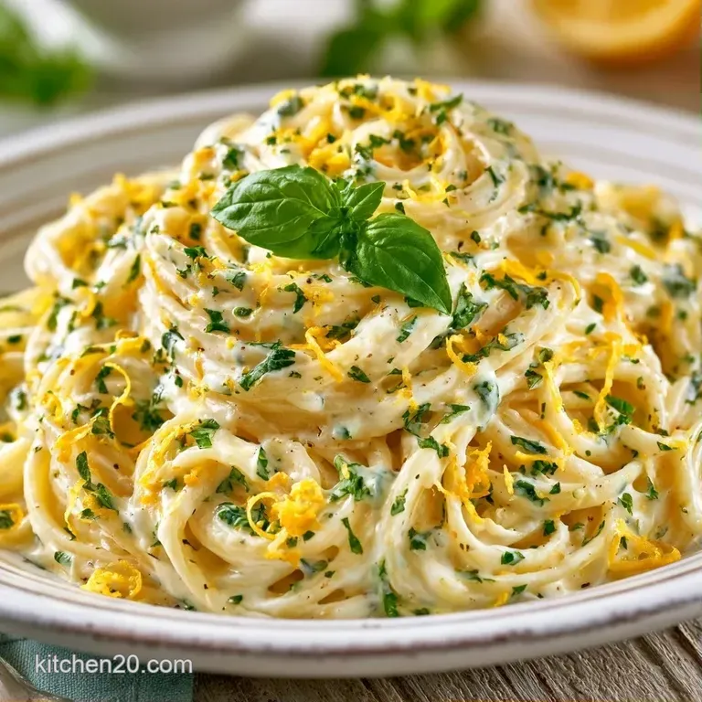 Twirled pasta nests coated in a pale yellow sauce, garnished with fresh basil leaves on a matte grey plate.