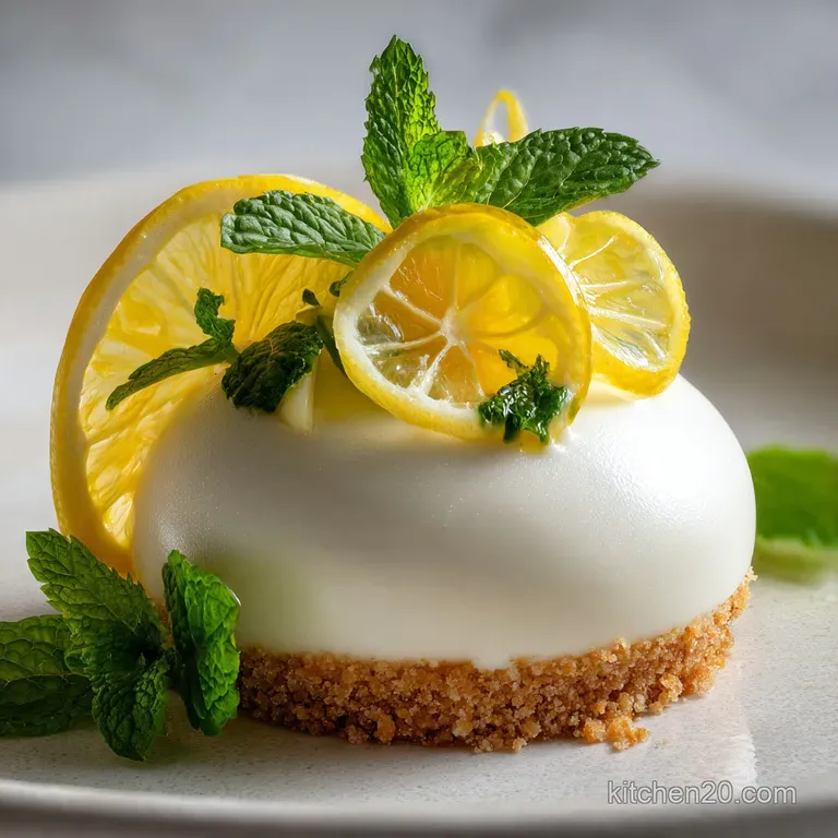 Individual glass dish filled with creamy lemon mousse; mint garnish adds vibrant color. A refreshing and elegant dessert.