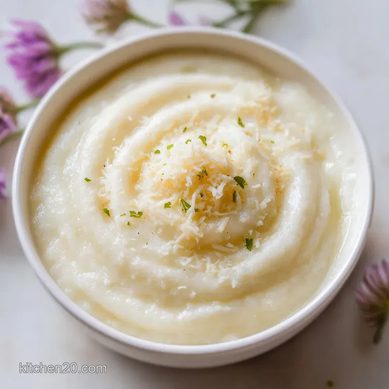 A smooth mound of white puree on a slate plate, garnished with a sprig of thyme and a drizzle of golden olive oil.