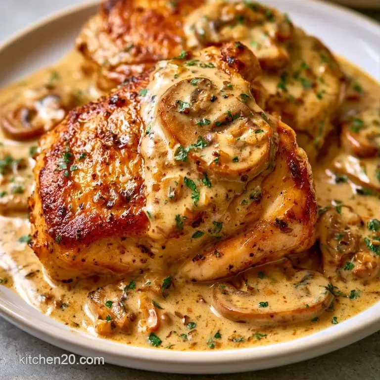 Seared chicken thighs in a glossy cream sauce with earthy brown mushrooms, plated elegantly on a clean white dish