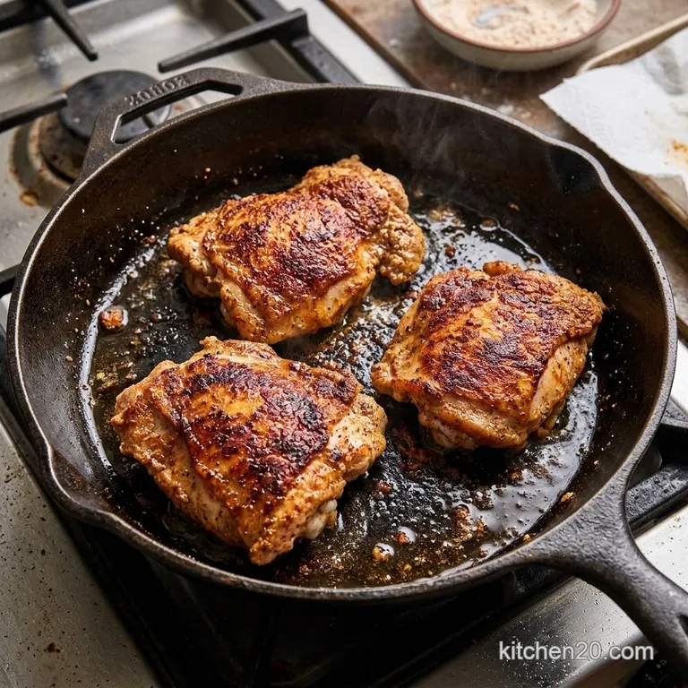 Seared chicken thighs with a golden brown crust in a cast iron skillet.