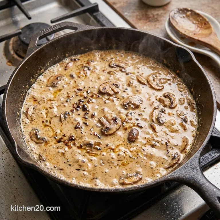 Thick creamy mushroom sauce simmering in a cast iron skillet.