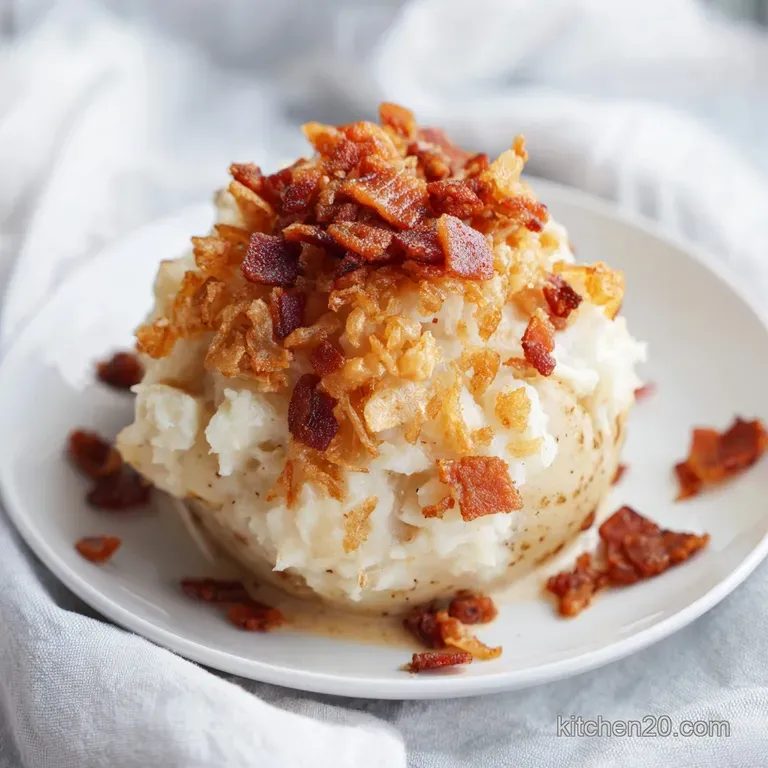 A polished white bowl of creamy white soup topped with crisp brown bacon bits and a sprig of fresh green parsley.
