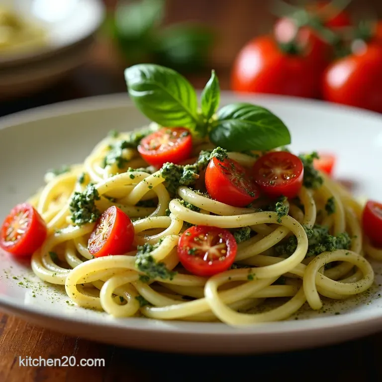 The Best of Both Worlds Creamy Basil Pesto Linguine with Burst Cherry Tomatoes presentation