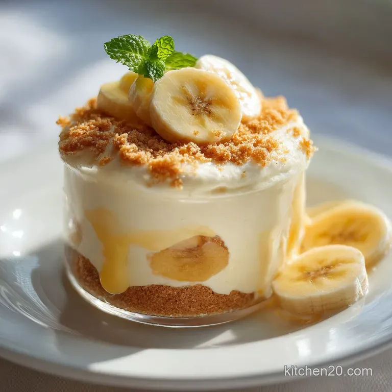 A single scoop of silky banana pudding in a clear glass dish, adorned with a banana slice and a wafer.