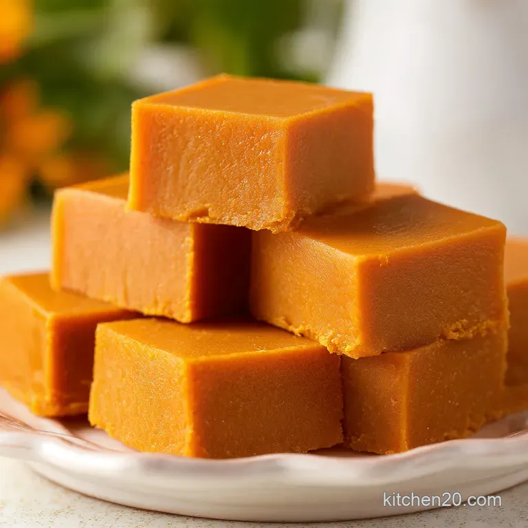 Neat squares of orange confectionery with white swirls, arranged on a marble slab with a dusting of cinnamon.