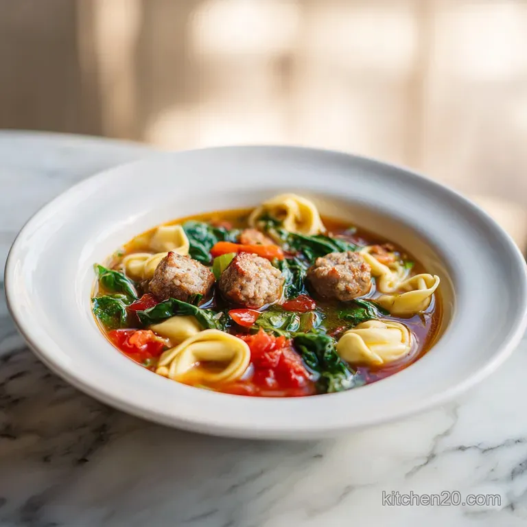 Sausage tortellini soup served in a rustic bowl, topped with grated parmesan cheese, and fresh herbs, steam rising.