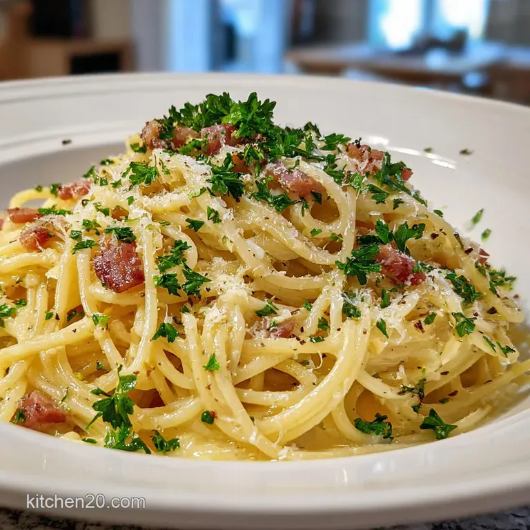 Elegant swirl of spaghetti carbonara on a white plate, dotted with crispy golden pancetta and bright green parsley.