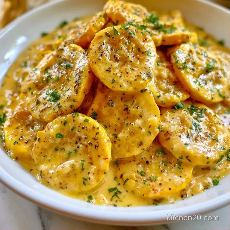 A square slice of creamy vegetable bake on a white plate, garnished with a sprig of fresh parsley and black pepper.