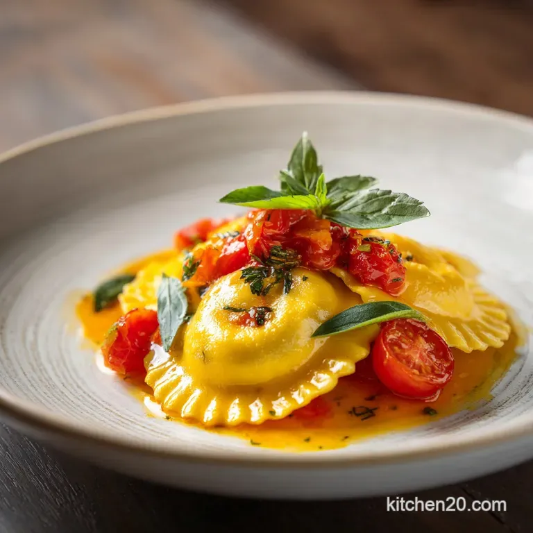 Elegant plate of Tuscan ravioli with bright sauce, visible herbs & cracked pepper, hinting at a rich, flavorful experience.