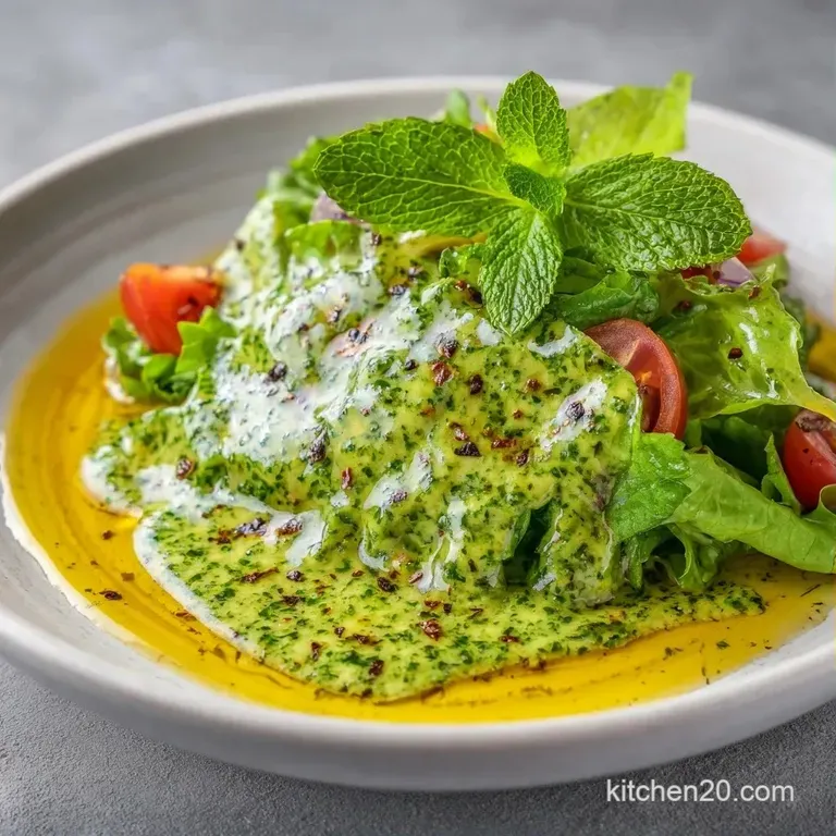 Smooth pale green dressing drizzled over a colorful summer salad in a white bowl, topped with fresh basil leaves.