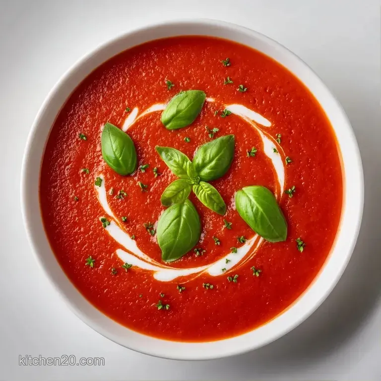 A sleek white bowl filled with smooth red soup, topped with toasted cashew halves and a drizzle of olive oil.