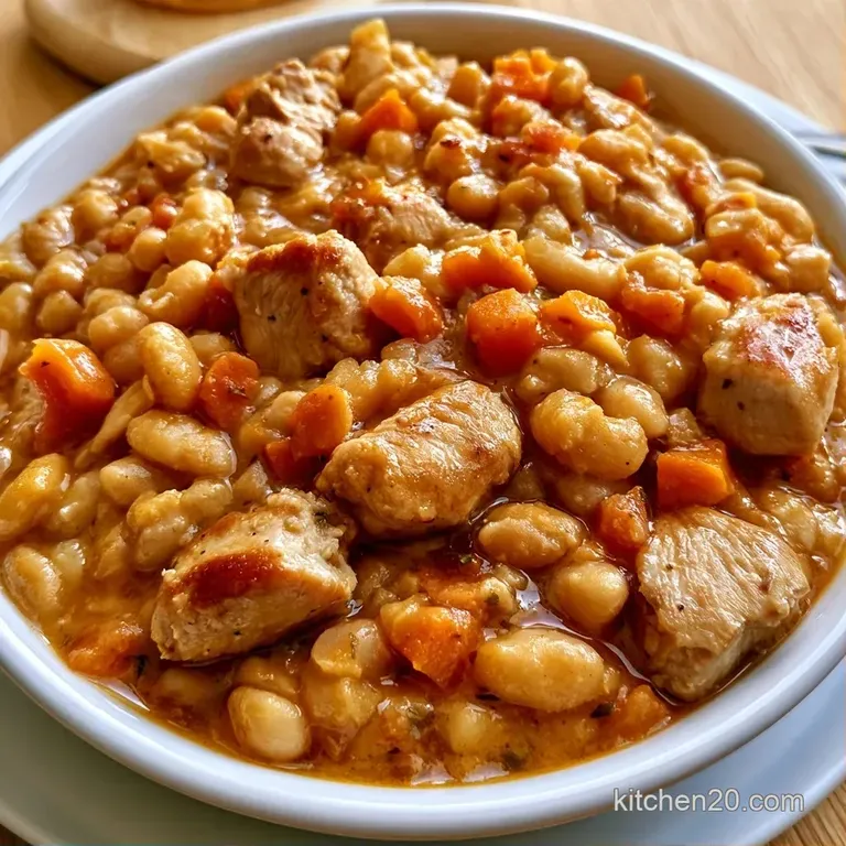 A shallow white bowl of thick, ivory stew topped with cracked pepper and a sprig of thyme on a rustic linen napkin.