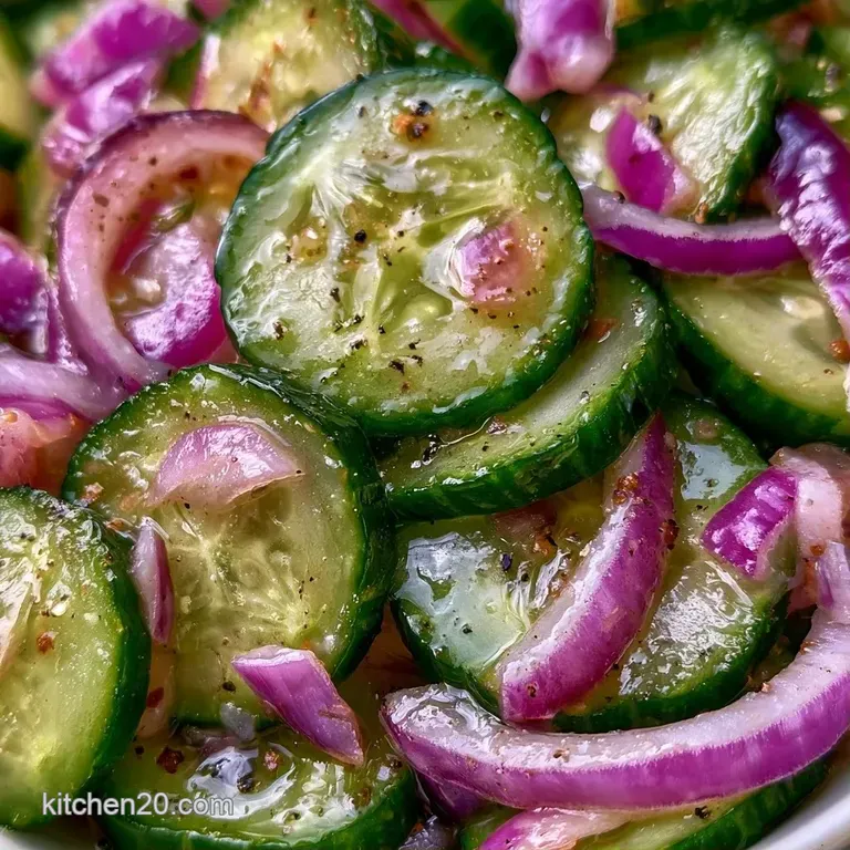 Translucent cucumber slices and red onion rings neatly arranged in a white porcelain bowl with fresh dill sprigs.