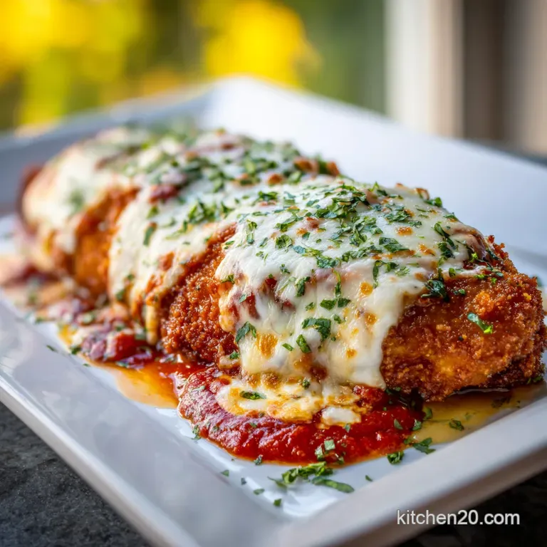 Chicken parmesan plated elegantly. Glossy sauce, melted cheese pull, vibrant basil garnish. A restaurant-quality presentat...