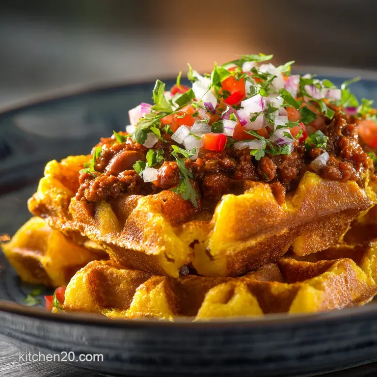 Crispy Comforting Cornbread Waffles with Cowboy Chili presentation