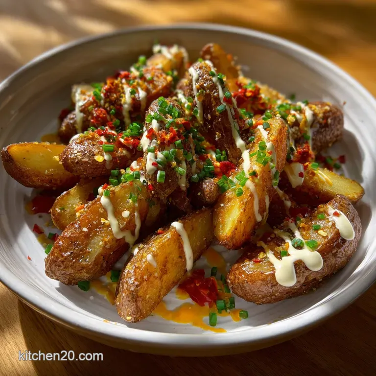 Crispy golden fingerling potatoes artfully arranged on a white plate, glistening with a vibrant, creamy sauce.